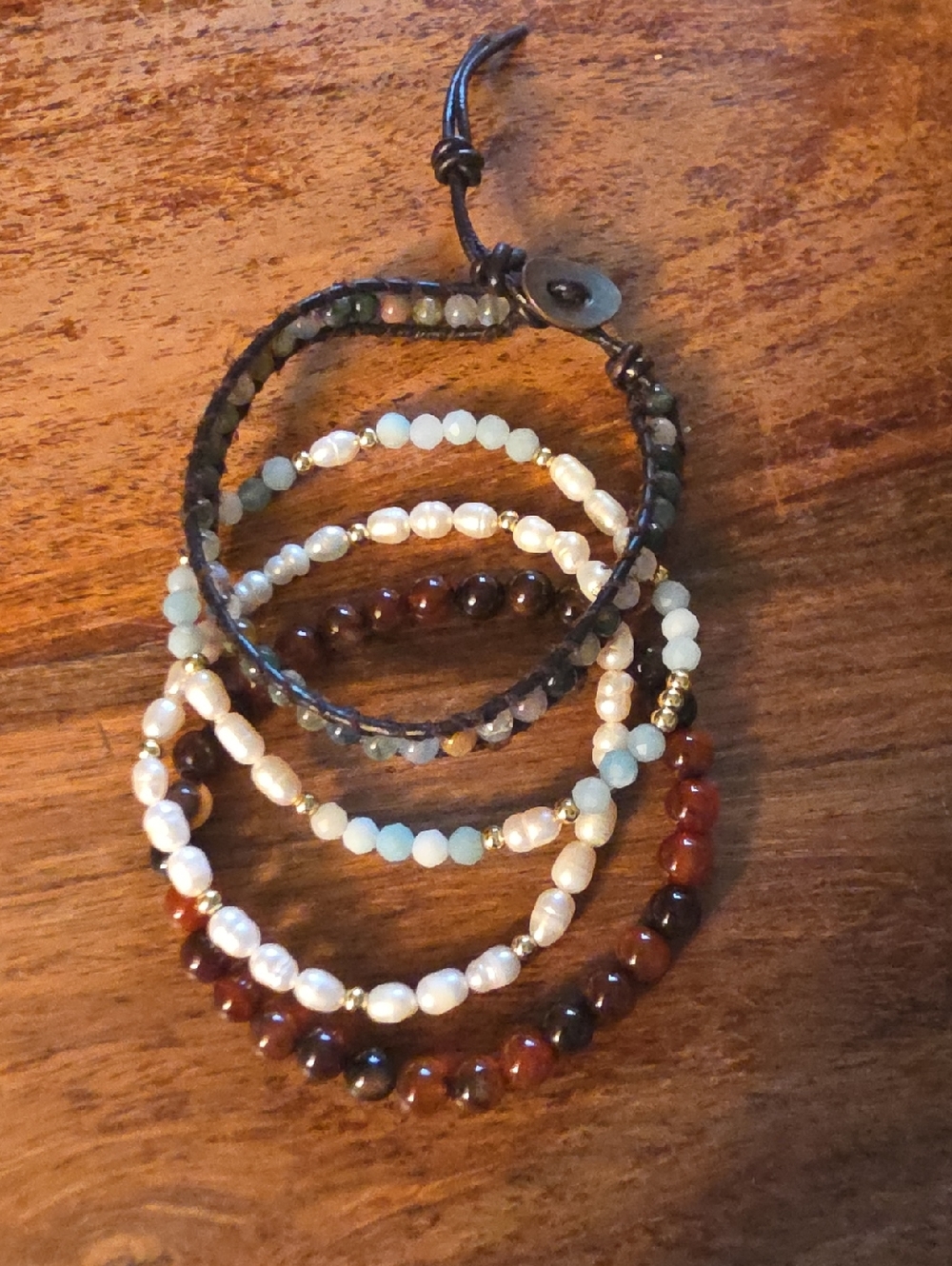 Handmade Multistrand Beaded Bracelet - Cream, Brown & Light Blue Accents